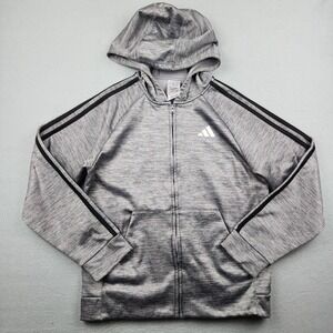 Adidas Hoodie Youth L 14/16 Gray Full Zip Fleece 3 Stripe Athletic Jacket Soccer